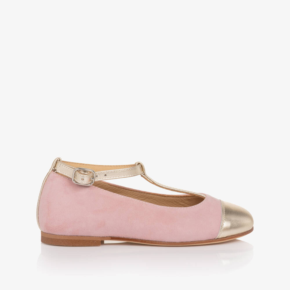 Children's Classics-Girls Pink & Gold Leather T-Bar Shoes | Childrensalon