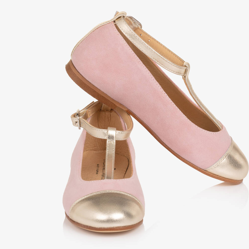 Children's Classics-Girls Pink & Gold Leather T-Bar Shoes | Childrensalon