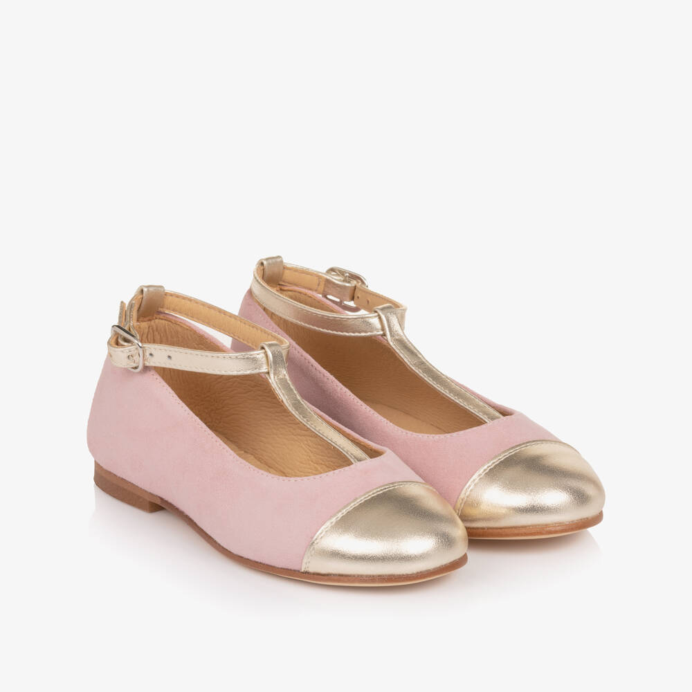 Children's Classics-Girls Pink & Gold Leather T-Bar Shoes | Childrensalon