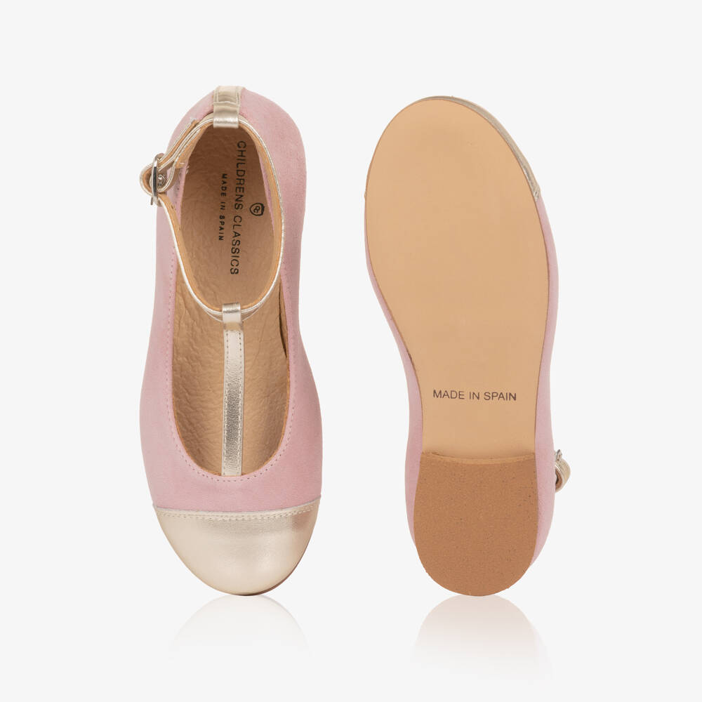 Children's Classics-Girls Pink & Gold Leather T-Bar Shoes | Childrensalon