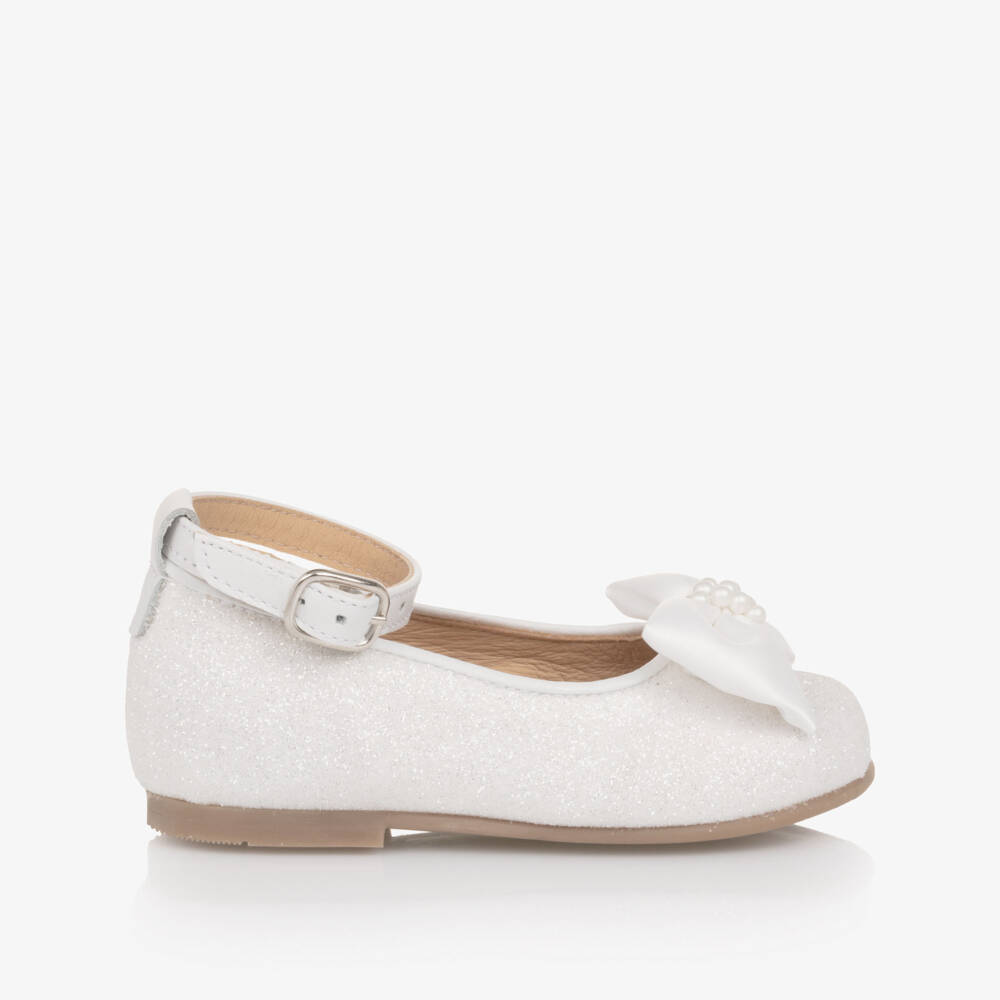 Children's Classics-Girls White Glitter First Walker Shoes with Satin Bows | Childrensalon