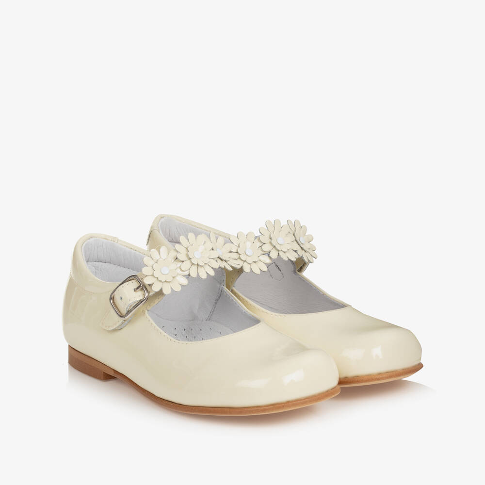 Children's Classics-Ivory Patent Leather With Floral Strap Shoes | Childrensalon
