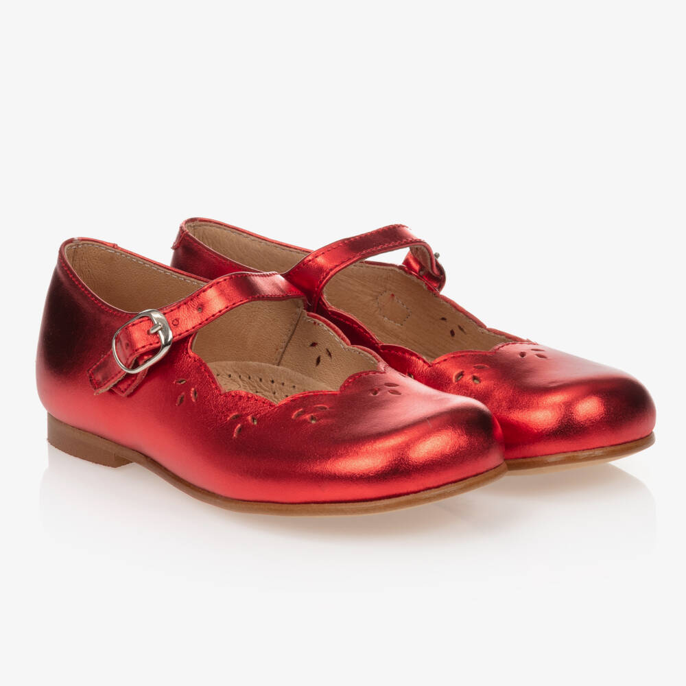 Children's Classics-Metallic Red Leather Shoes With Ribbon Bows | Childrensalon