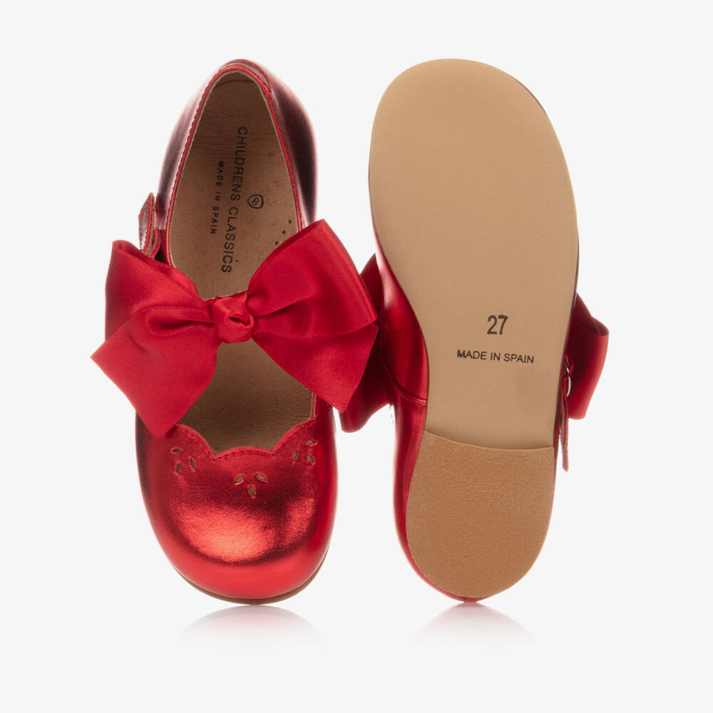 Children's Classics-Metallic Red Leather Shoes With Ribbon Bows | Childrensalon