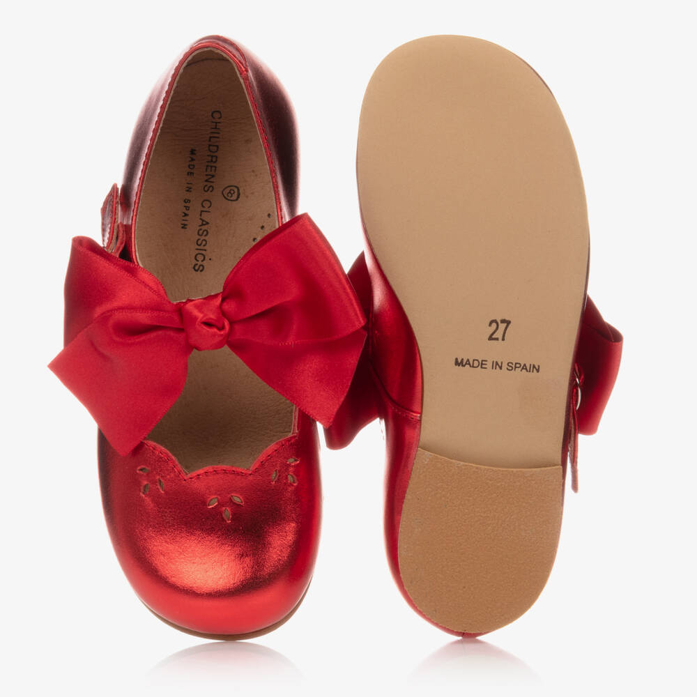 Children's Classics-Metallic Red Leather Shoes With Ribbon Bows | Childrensalon
