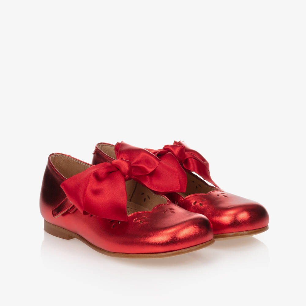 Children's Classics-Metallic Red Leather Shoes With Ribbon Bows | Childrensalon
