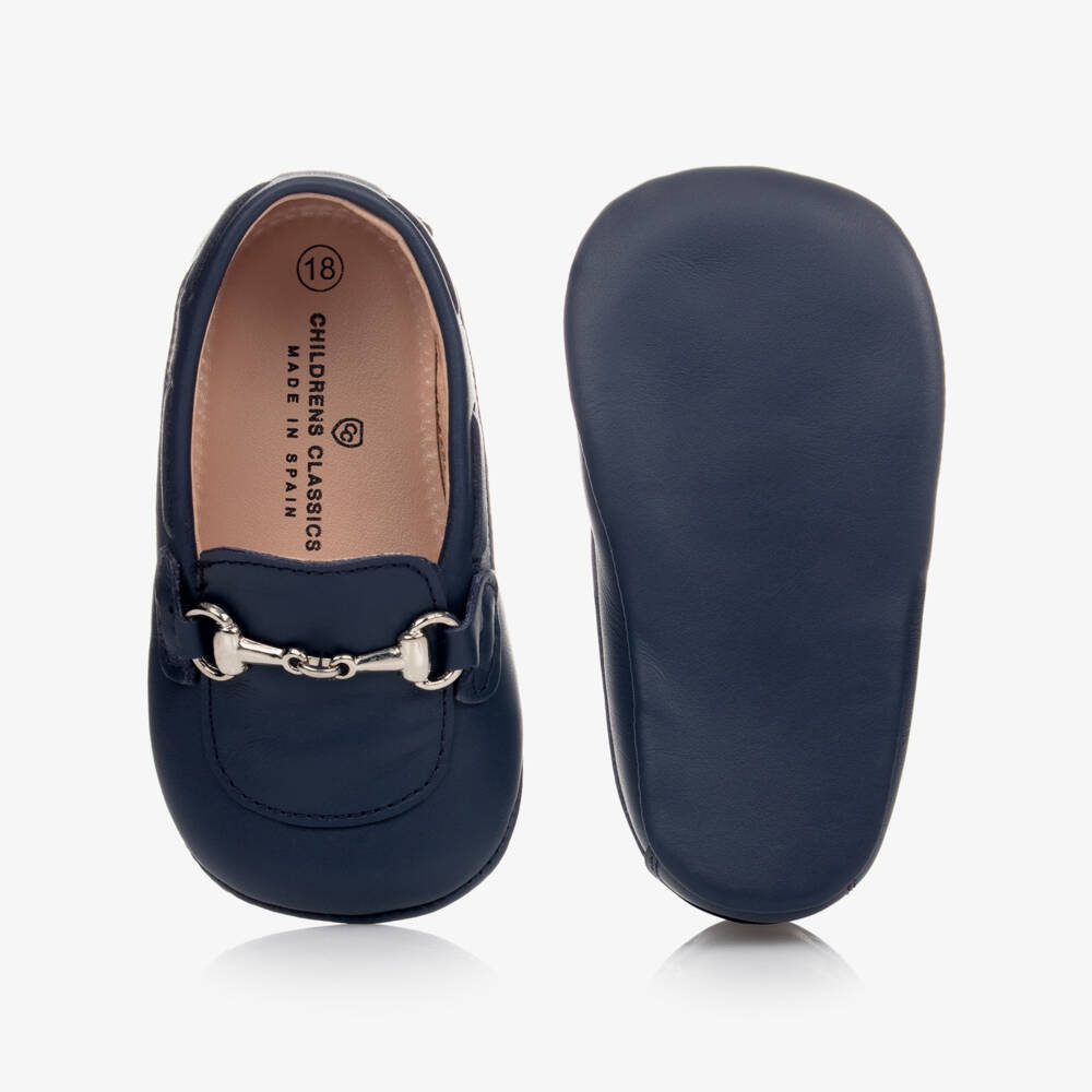 Children's Classics-Navy Blue Leather Pre-Walker Shoes With Metal Snaffle | Childrensalon