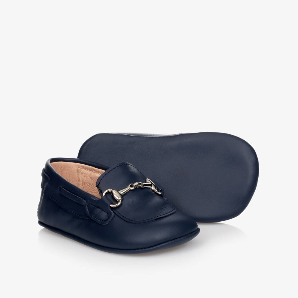 Children's Classics-Navy Blue Leather Pre-Walker Shoes With Metal Snaffle | Childrensalon