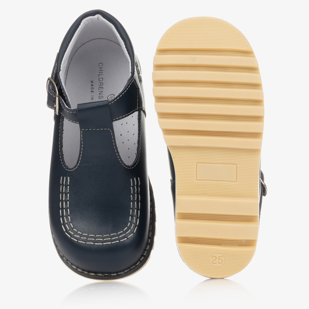 Children's Classics-Navy Blue Leather T-Bar Shoes | Childrensalon