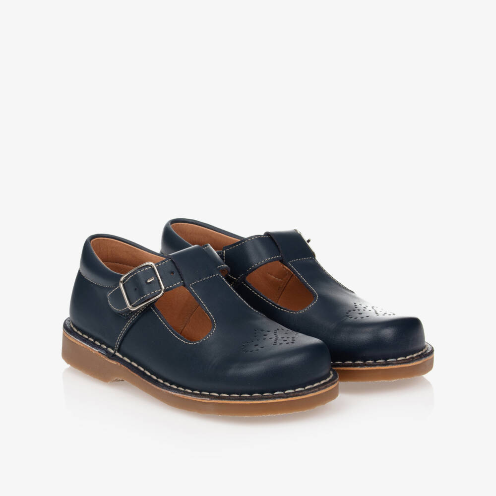 Children's Classics-Navy Blue Leather T-Bar Shoes With Exposed Stitching | Childrensalon
