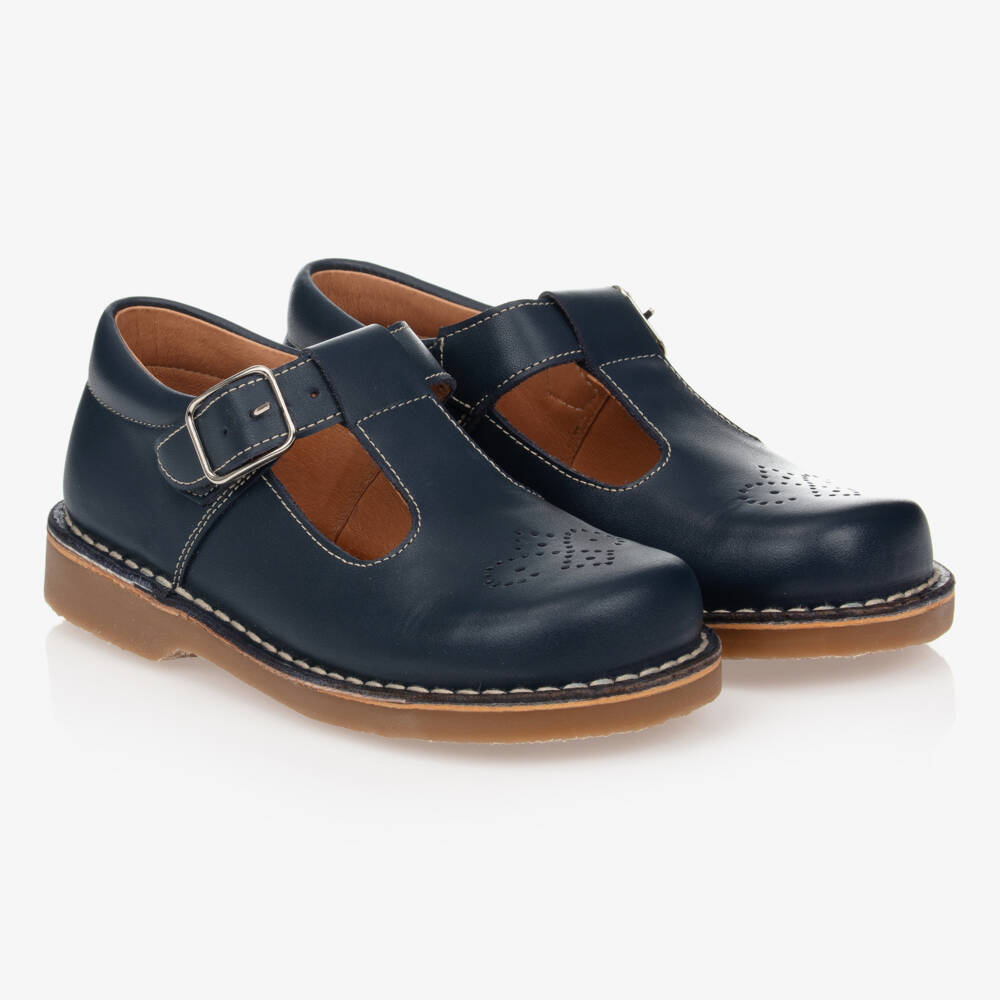 Children's Classics-Navy Blue Leather T-Bar Shoes With Exposed Stitching | Childrensalon