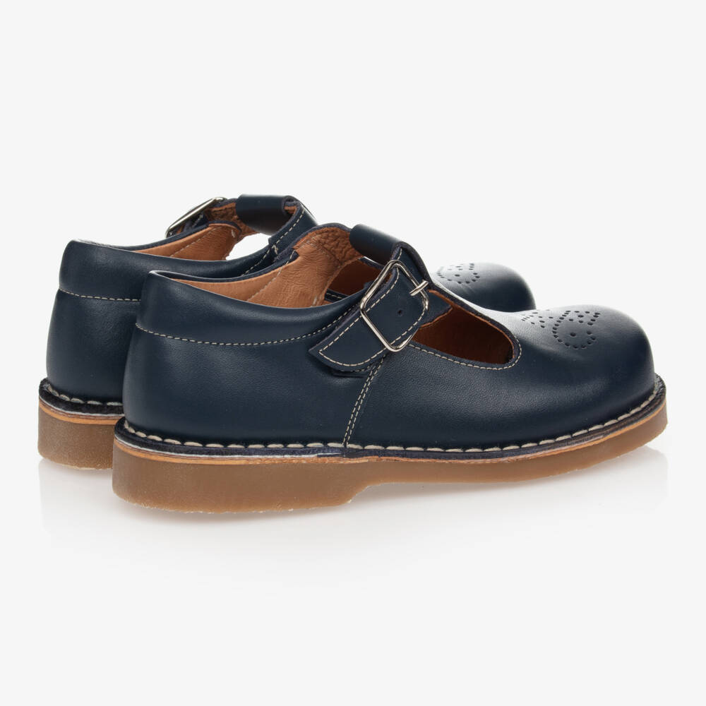 Children's Classics-Navy Blue Leather T-Bar Shoes With Exposed Stitching | Childrensalon