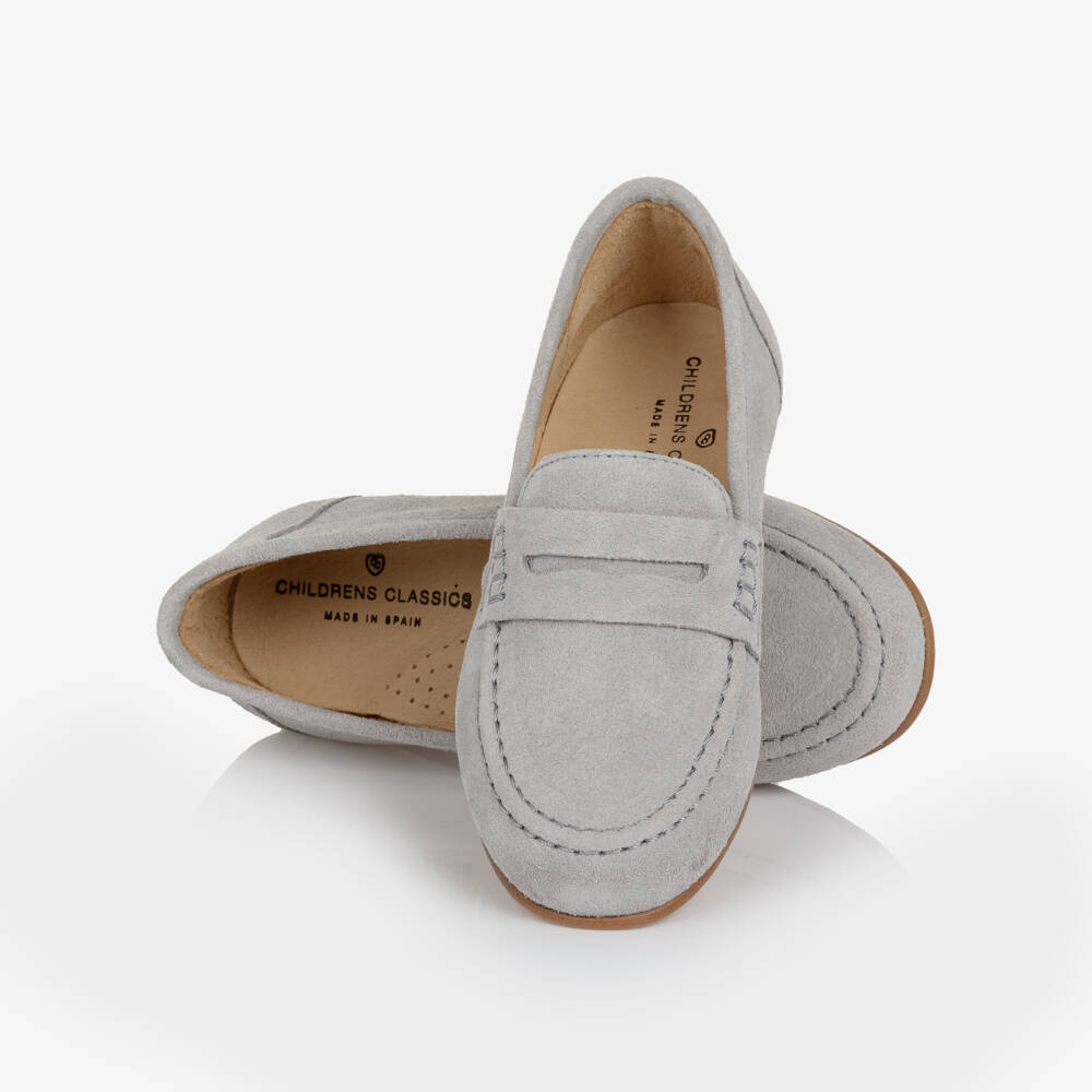 Children's Classics-Pale Grey Suede Leather Loafers | Childrensalon