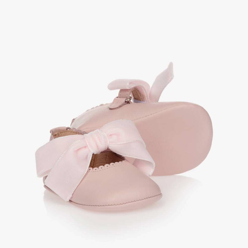 Children's Classics-Pink Leather & Velvet Bow Pre-Walker Shoes | Childrensalon