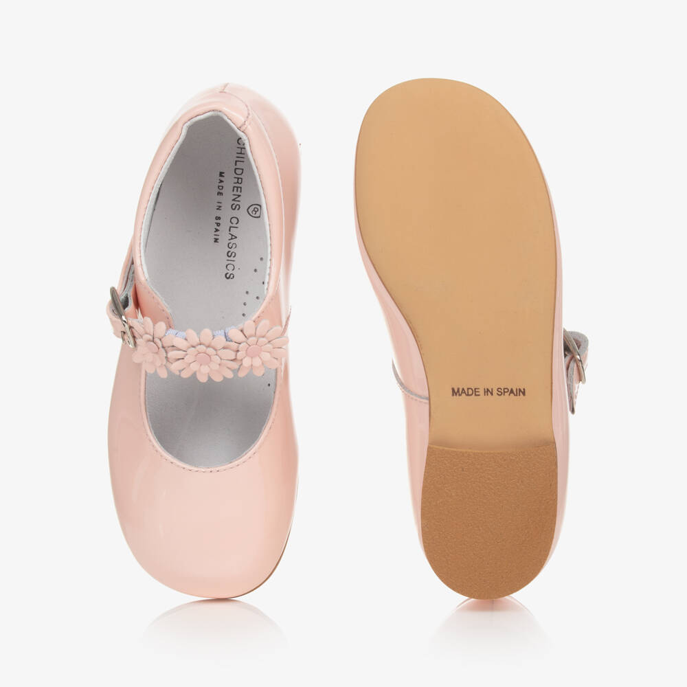 Children's Classics-Pink Patent Leather With Floral Strap Shoes | Childrensalon