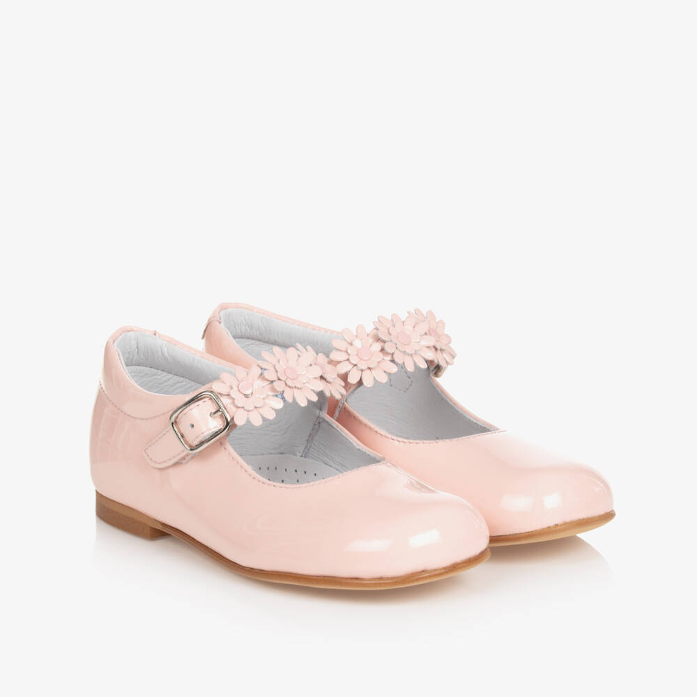 Children's Classics-Pink Patent Leather With Floral Strap Shoes | Childrensalon