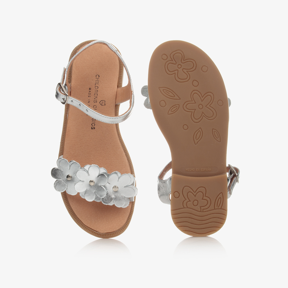 Children's Classics-Silver Leather Flower Sandals | Childrensalon