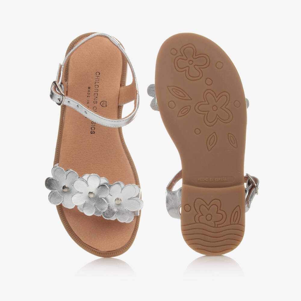Children's Classics-Silver Leather Flower Sandals | Childrensalon