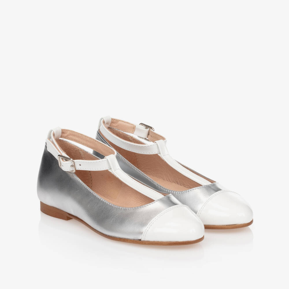 Children's Classics-حذاء جلد لون فضّي و أبيض للبنات | Childrensalon