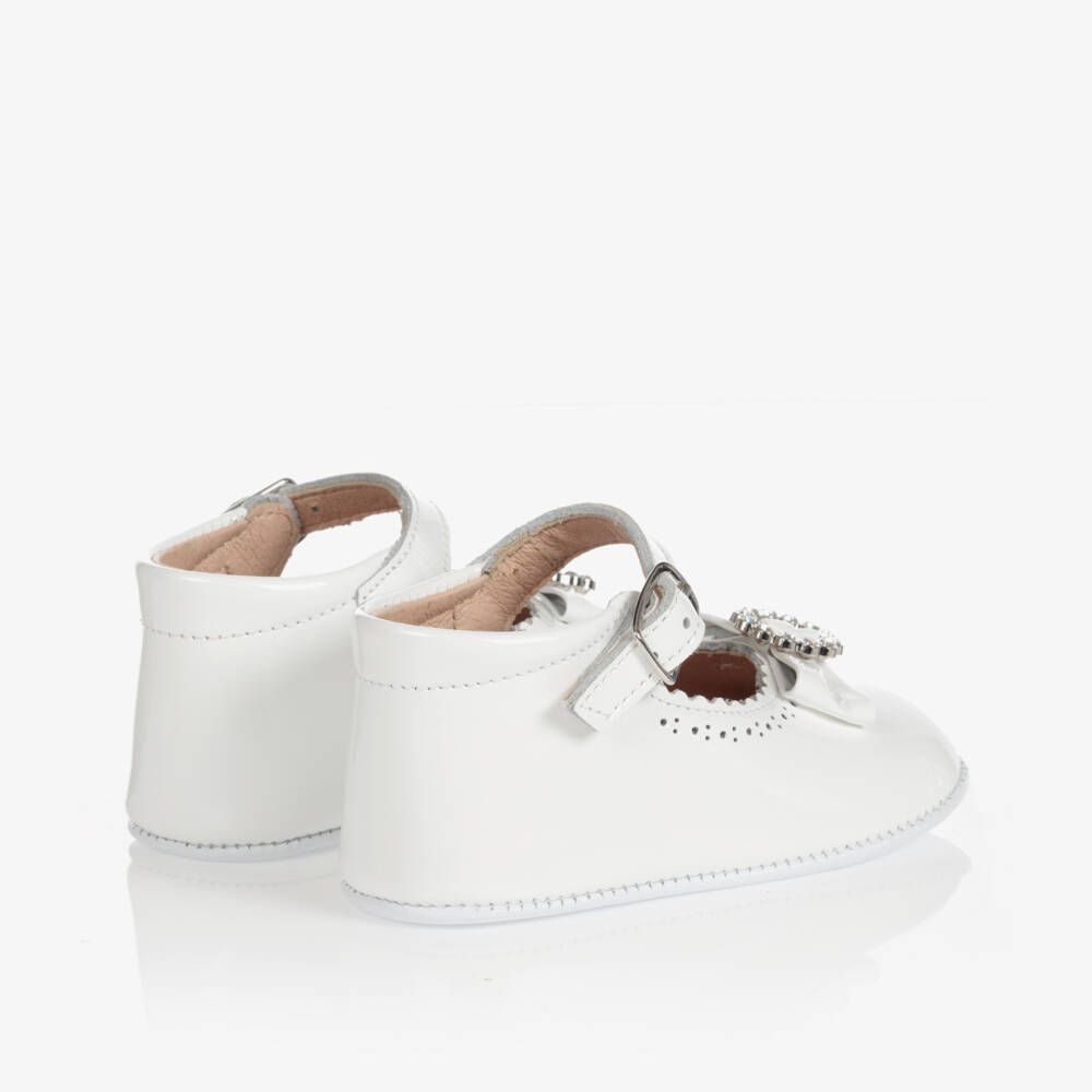 Children's Classics-White Leather Pre-Walker Shoes With Diamanté Bow | Childrensalon