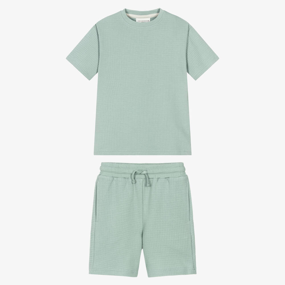 Childrensalon Essentials-Boys Green Organic Cotton Waffle Shorts Set | Childrensalon