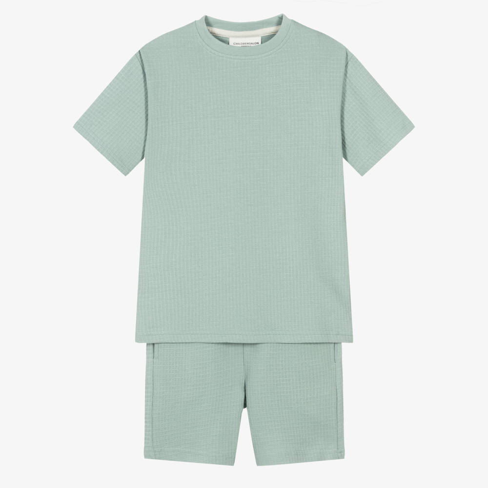 Childrensalon Essentials-Boys Green Organic Cotton Waffle Shorts Set | Childrensalon