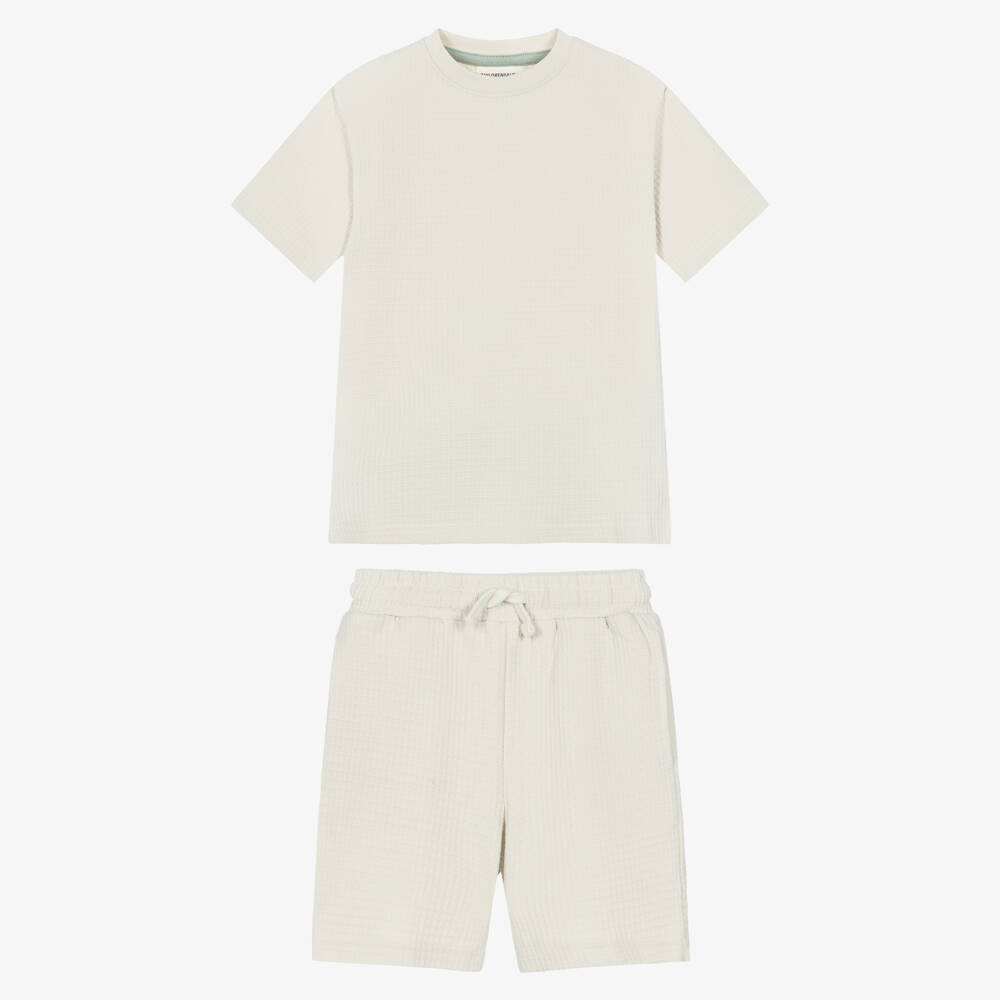 Childrensalon Essentials-Boys Ivory Organic Cotton Waffle Shorts Set | Childrensalon