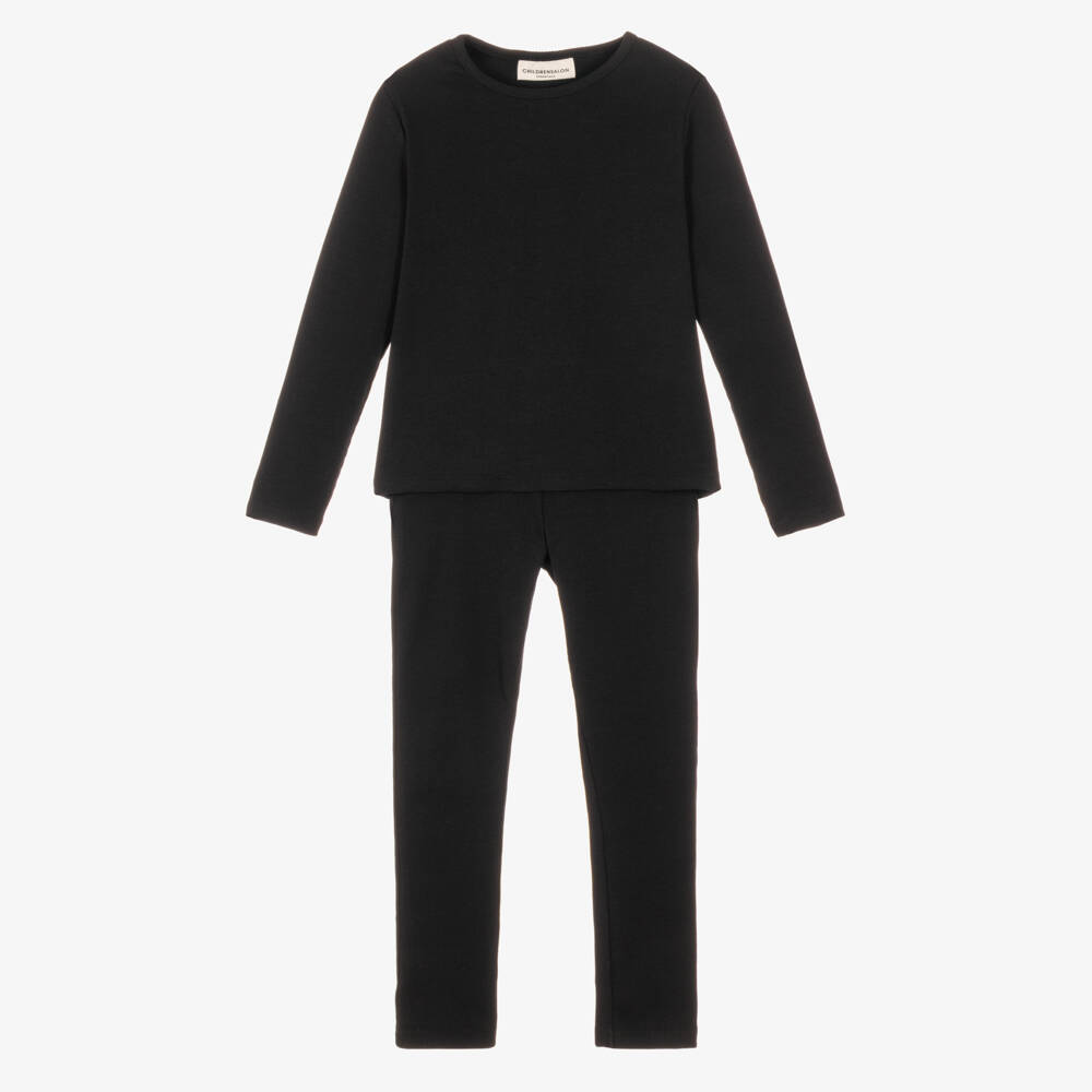 Childrensalon Essentials-Girls Black Ribbed Organic Cotton Jersey Leggings Set | Childrensalon