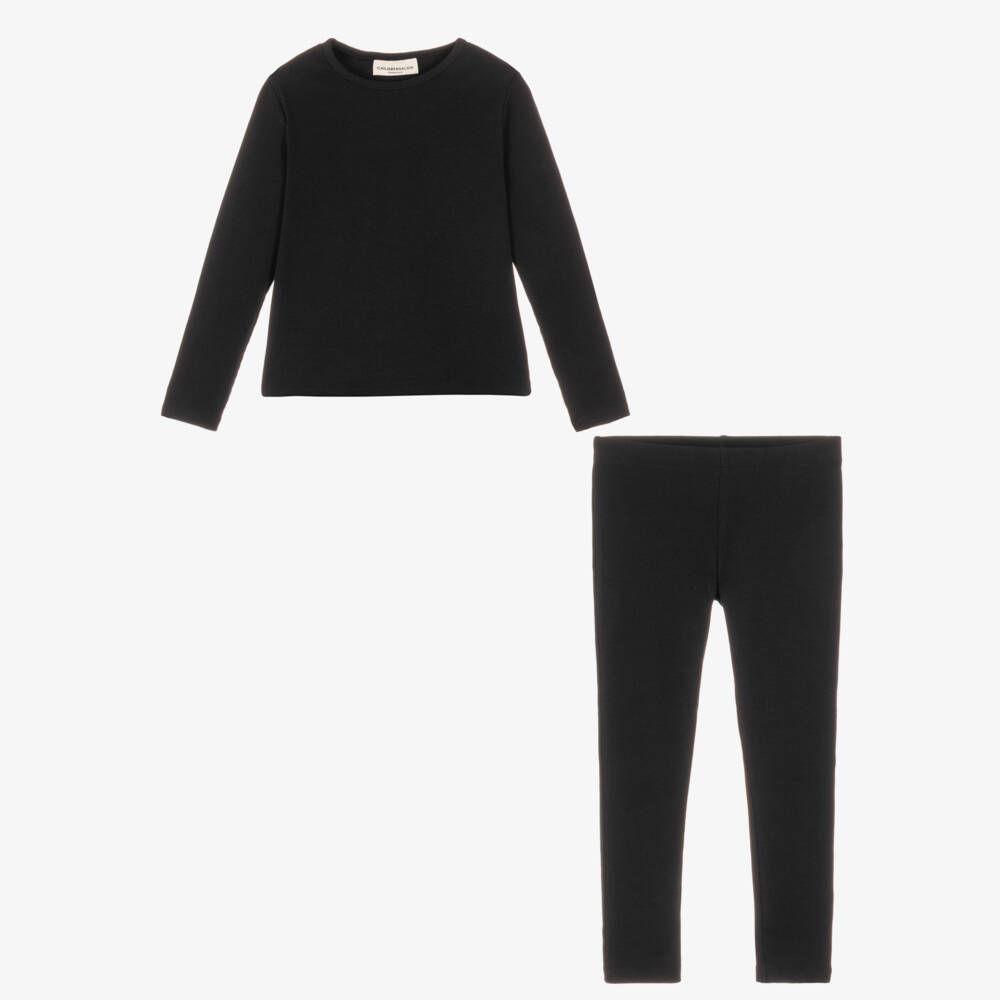 Childrensalon Essentials-Girls Black Ribbed Organic Cotton Jersey Leggings Set | Childrensalon