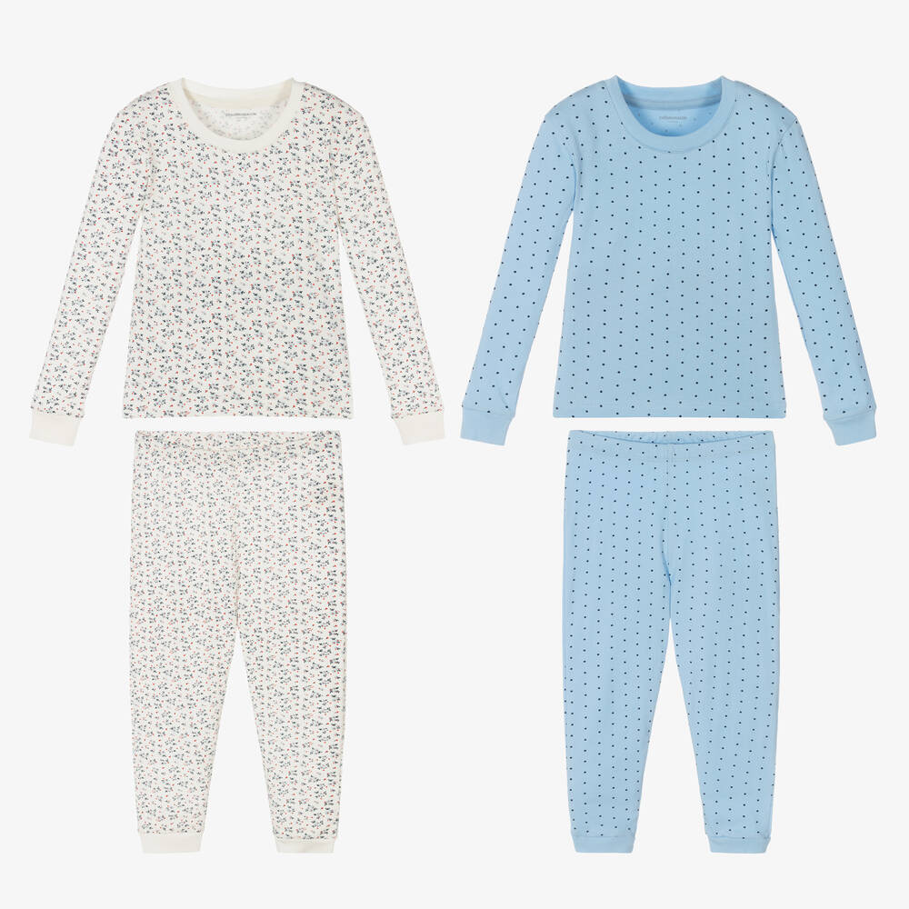 Childrensalon Essentials-Girls Blue & Ivory Organic Pyjamas (2 Pack) | Childrensalon