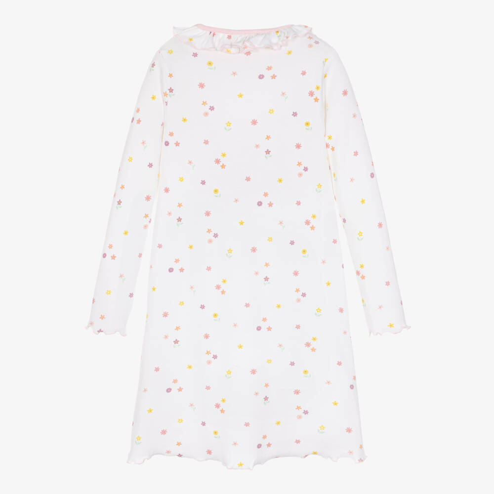 Childrensalon Essentials-Girls White Organic Cotton Nightdress with Flowers | Childrensalon