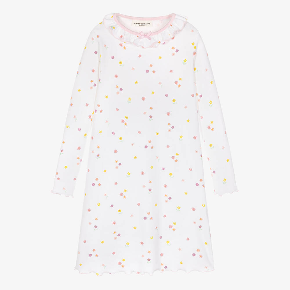 Childrensalon Essentials-Girls White Organic Cotton Nightdress with Flowers | Childrensalon