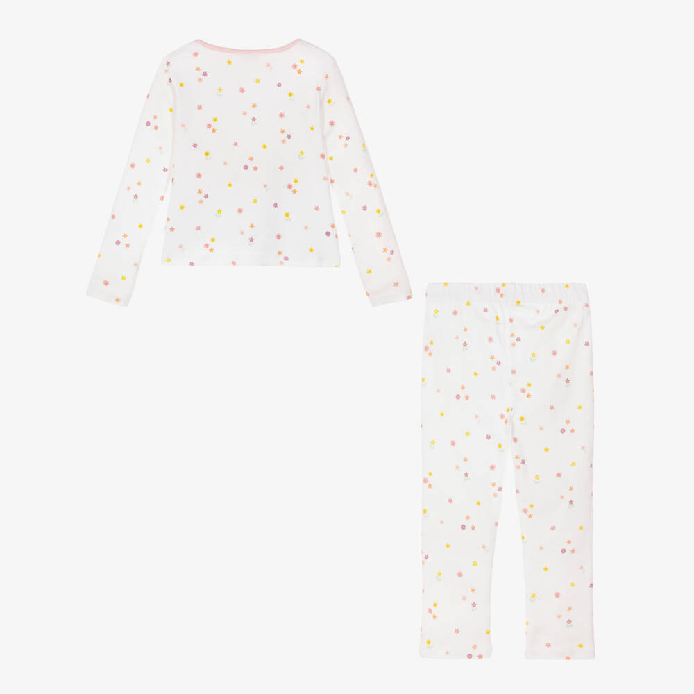 Childrensalon Essentials-Girls White Organic Cotton Pyjamas with Flowers | Childrensalon