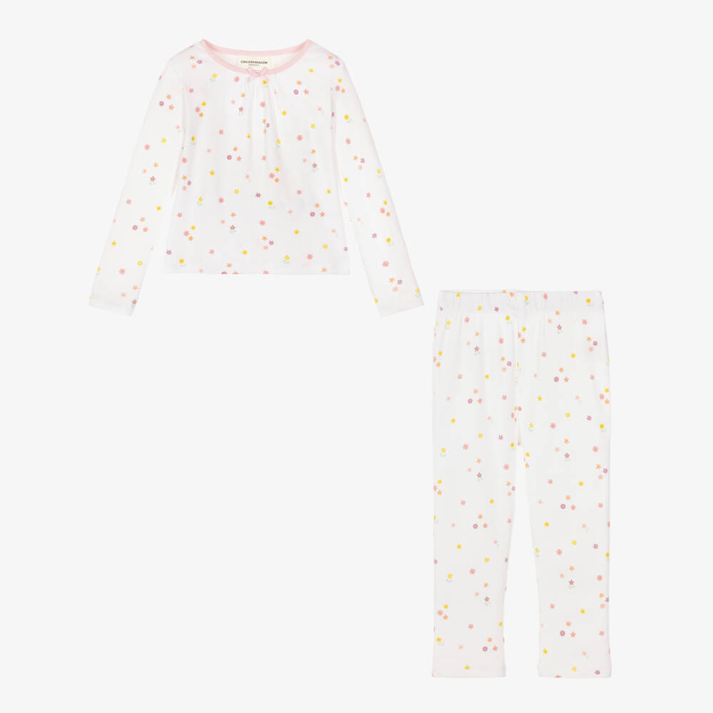 Childrensalon Essentials-Girls White Organic Cotton Pyjamas with Flowers | Childrensalon