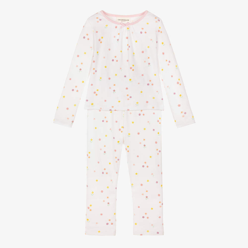 Childrensalon Essentials-Girls White Organic Cotton Pyjamas with Flowers | Childrensalon