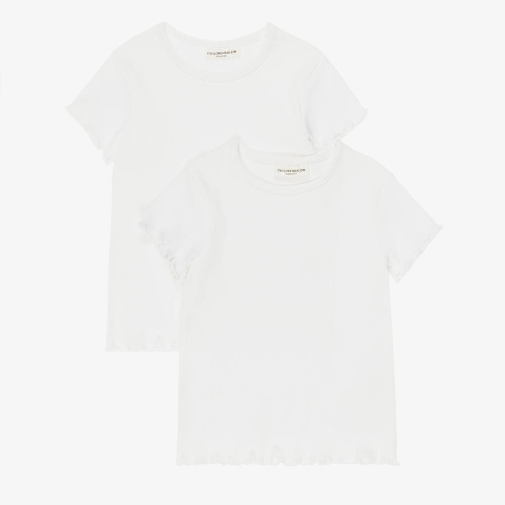 Childrensalon Essentials-Girls White Ribbed Jersey T-Shirts (2 Pack) | Childrensalon