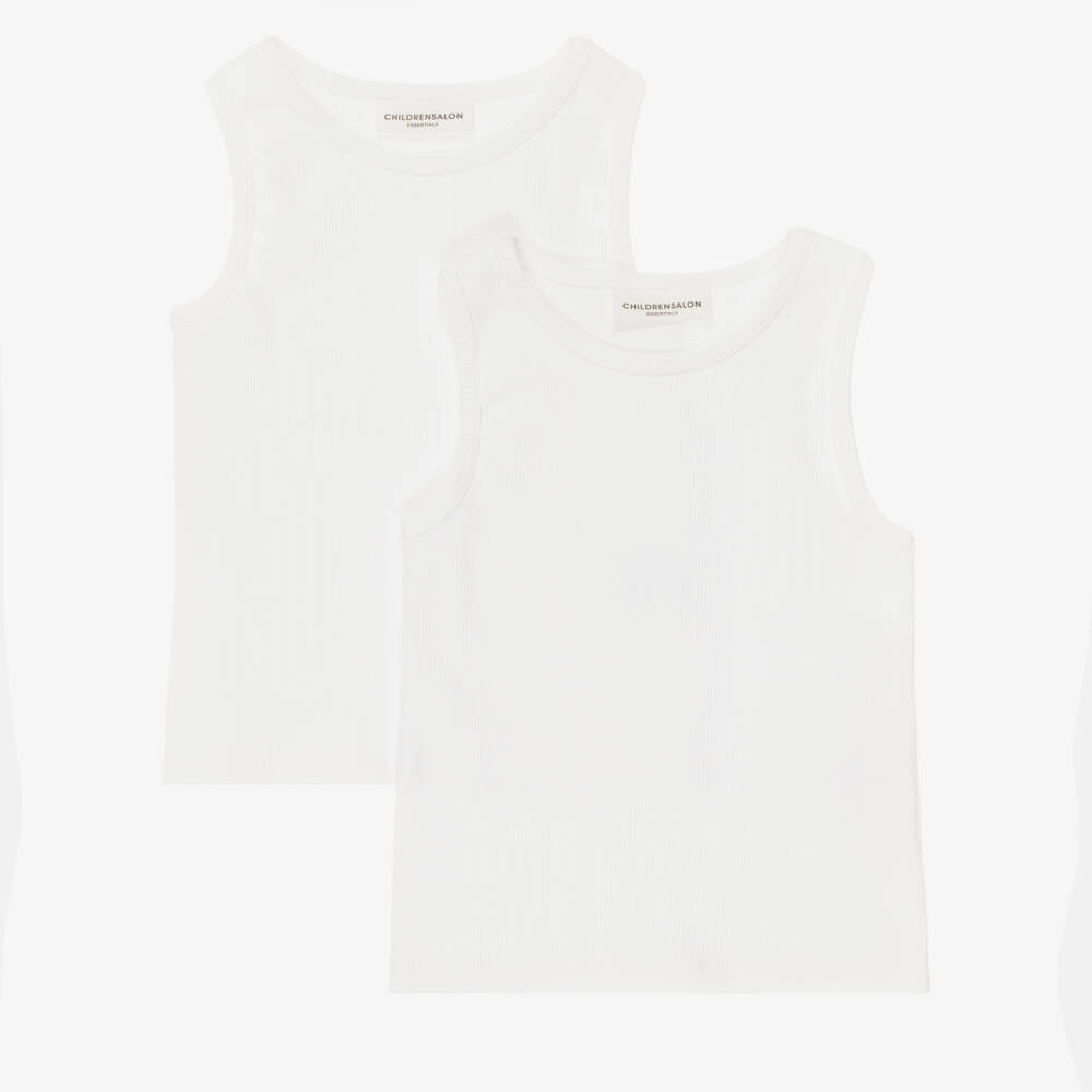 Childrensalon Essentials-Girls White Ribbed Jersey Vests (2 Pack) | Childrensalon