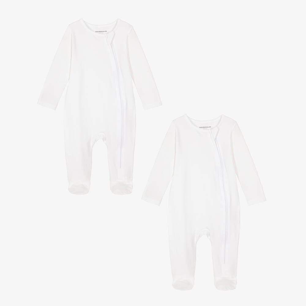 Childrensalon Essentials-White Organic Cotton Jersey Zip-Up Babygrows (2 Pack) | Childrensalon