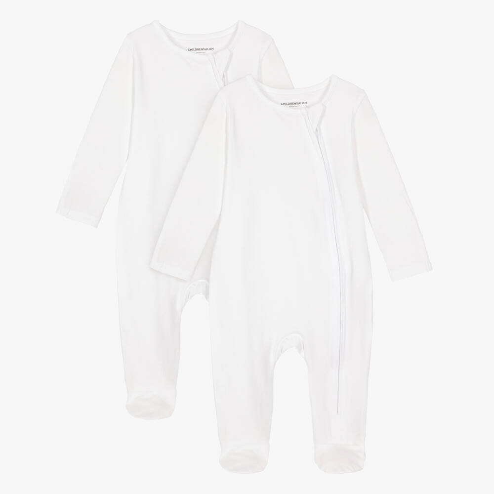Childrensalon Essentials-White Organic Cotton Jersey Zip-Up Babygrows (2 Pack) | Childrensalon