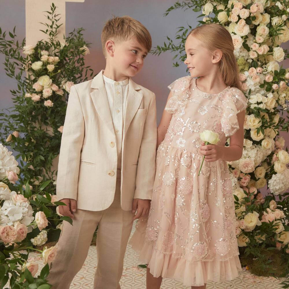 Childrensalon Occasions-بِدلة مع ربطة عنق كتان لون بيج للأولاد | Childrensalon