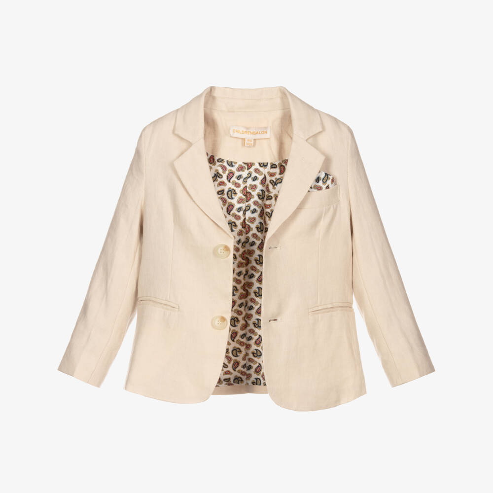 Childrensalon Occasions- Boys Beige Linen Trouser Suit & Tie | Childrensalon