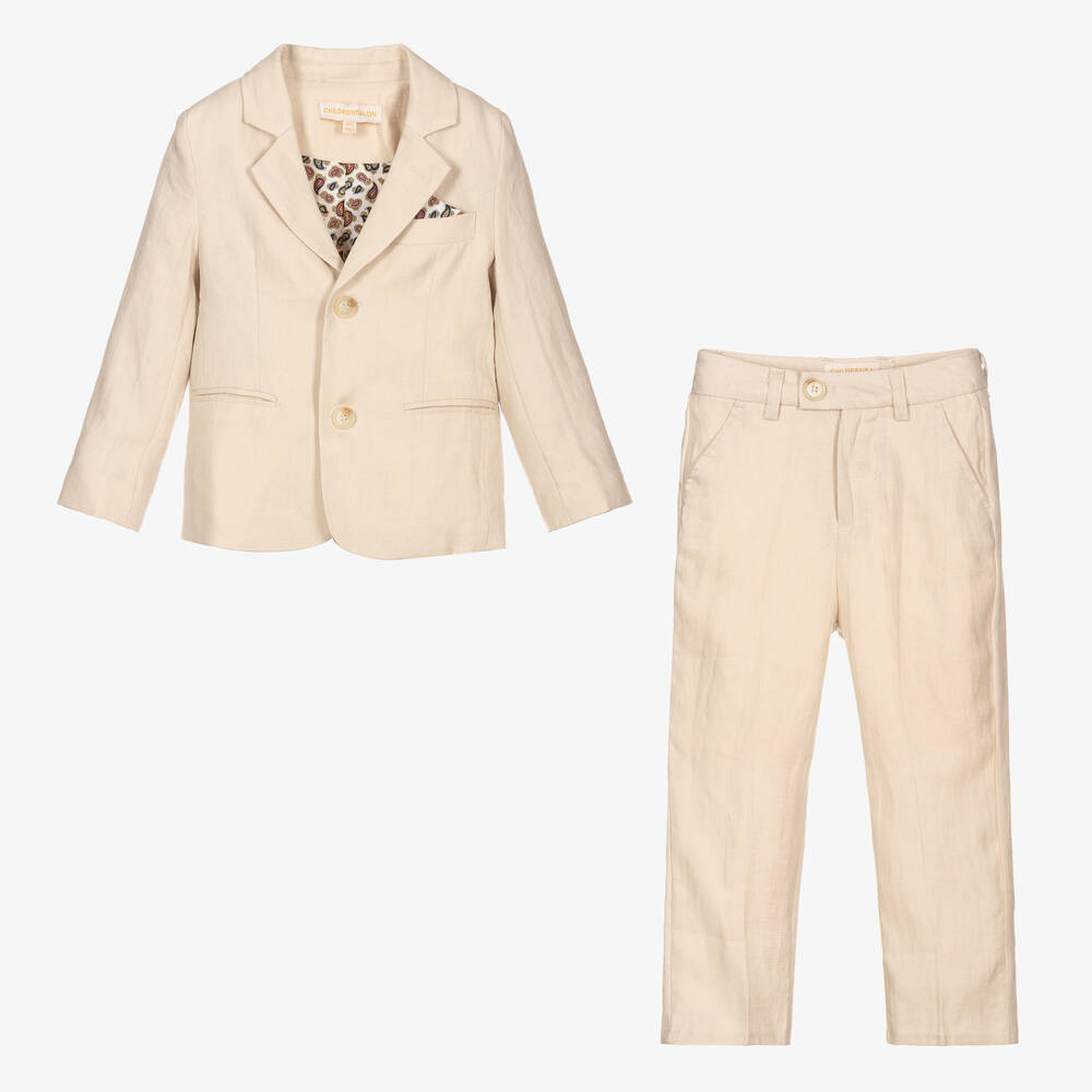 Childrensalon Occasions-Бежевый льняной брючный костюм с бабочкой | Childrensalon