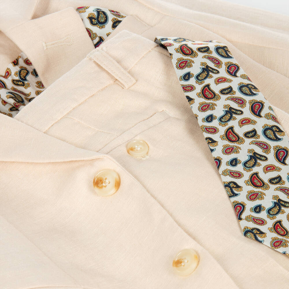 Childrensalon Occasions-Бежевый льняной брючный костюм с бабочкой | Childrensalon