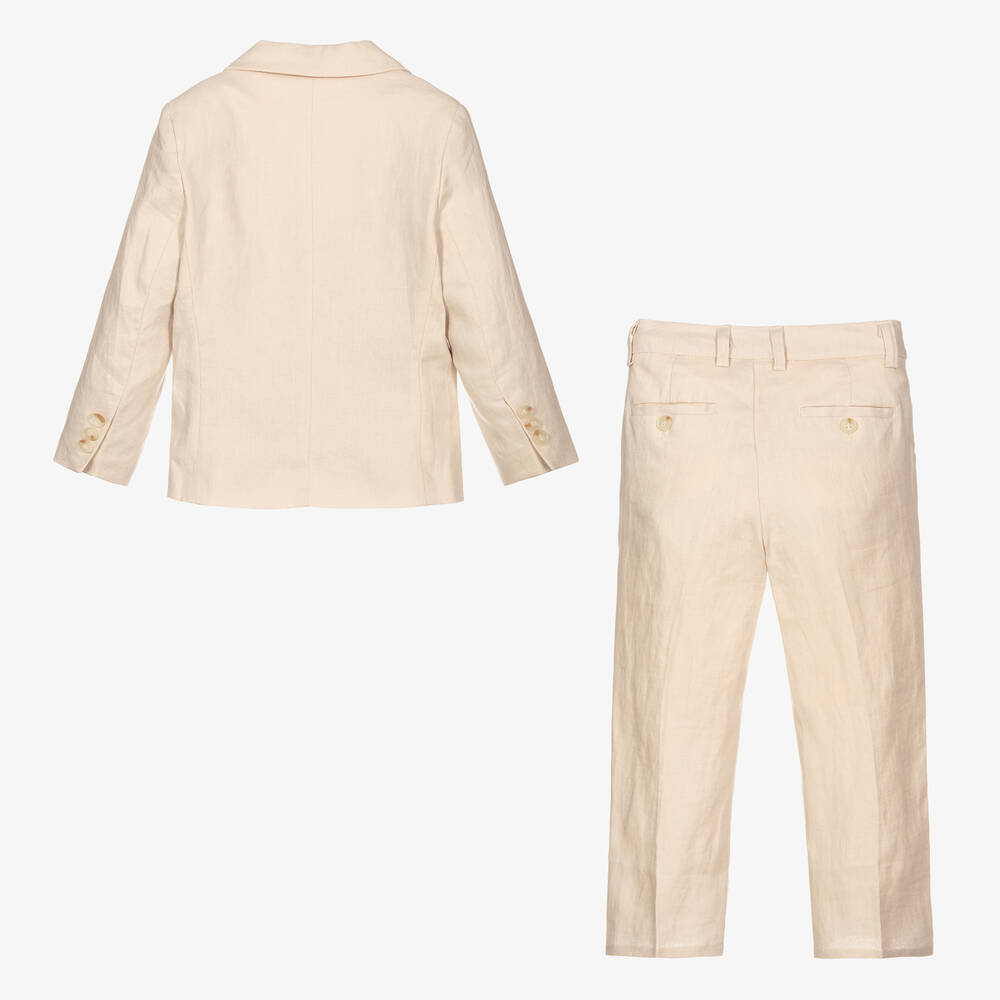 Childrensalon Occasions-Бежевый льняной брючный костюм с бабочкой | Childrensalon