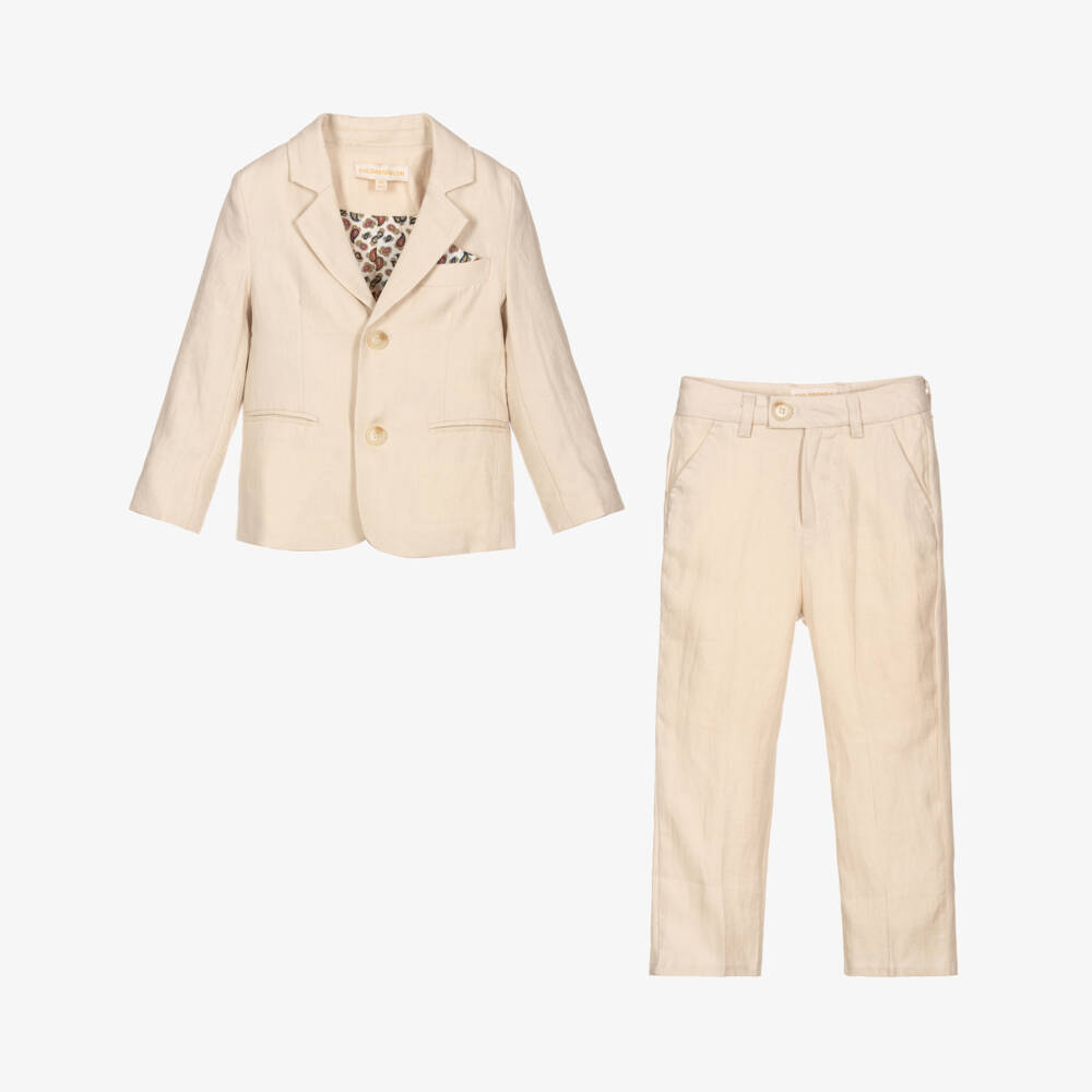 Childrensalon Occasions- Boys Beige Linen Trouser Suit & Tie | Childrensalon
