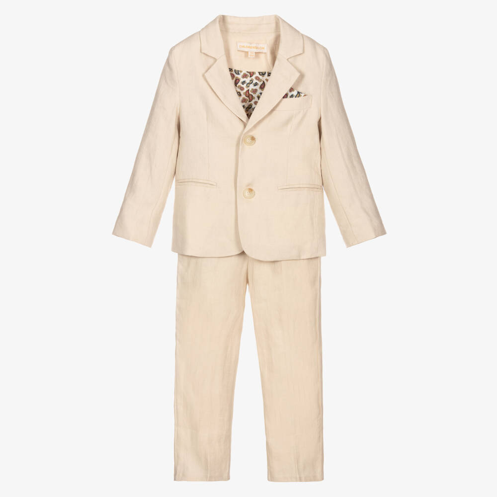 Childrensalon Occasions- Boys Beige Linen Trouser Suit & Tie | Childrensalon