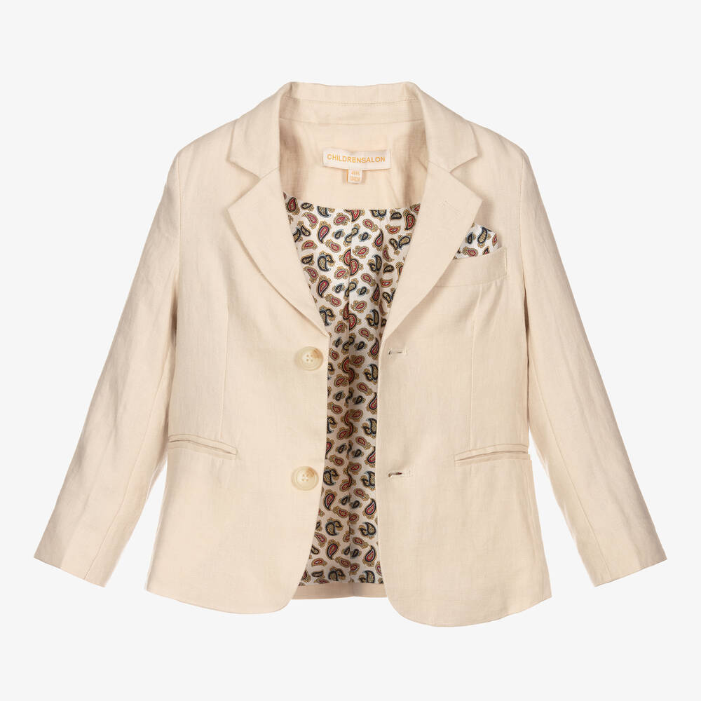 Childrensalon Occasions-Бежевый льняной брючный костюм с бабочкой | Childrensalon