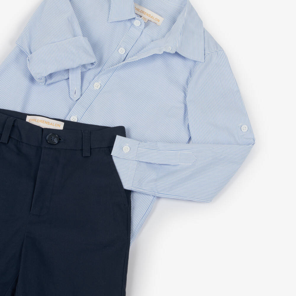 Childrensalon Occasions-Boys Blue Cotton Shirt & Chino Trousers Set | Childrensalon