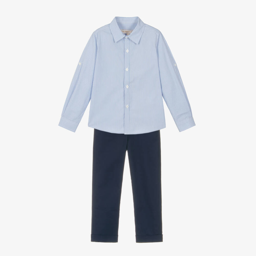 Childrensalon Occasions-Boys Blue Cotton Shirt & Chino Trousers Set | Childrensalon