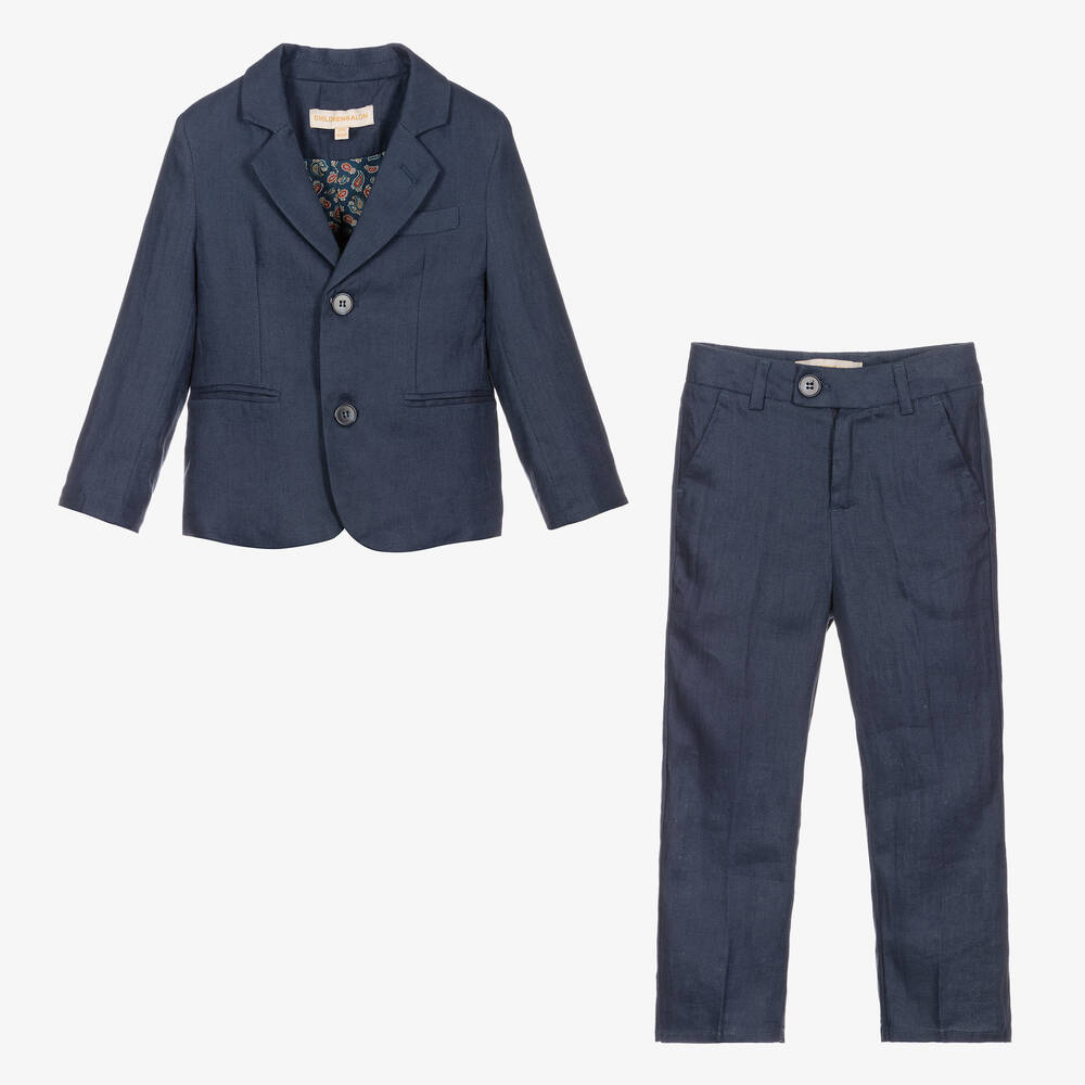Childrensalon Occasions-Синий льняной костюм с галстуком и бабочкой | Childrensalon